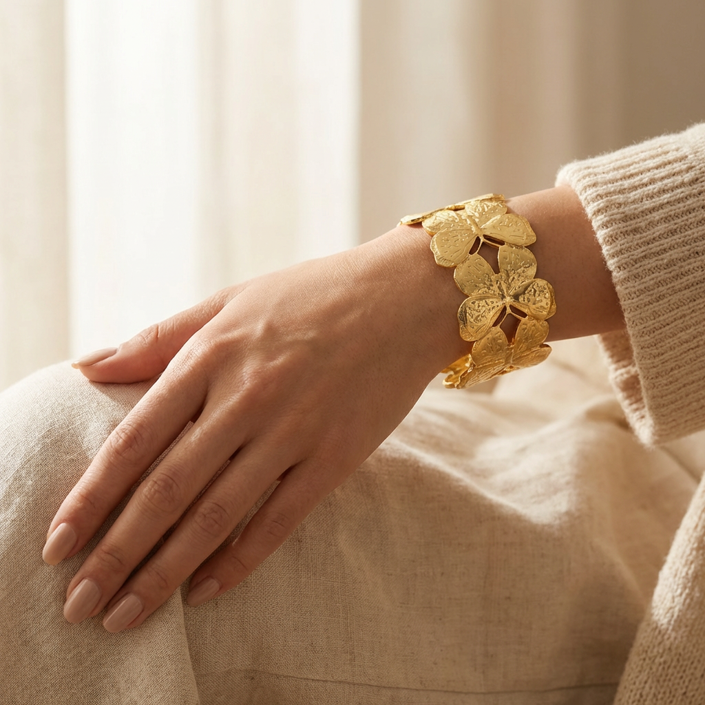 Gold-Plated Floral Cutout Cuff Bracelet