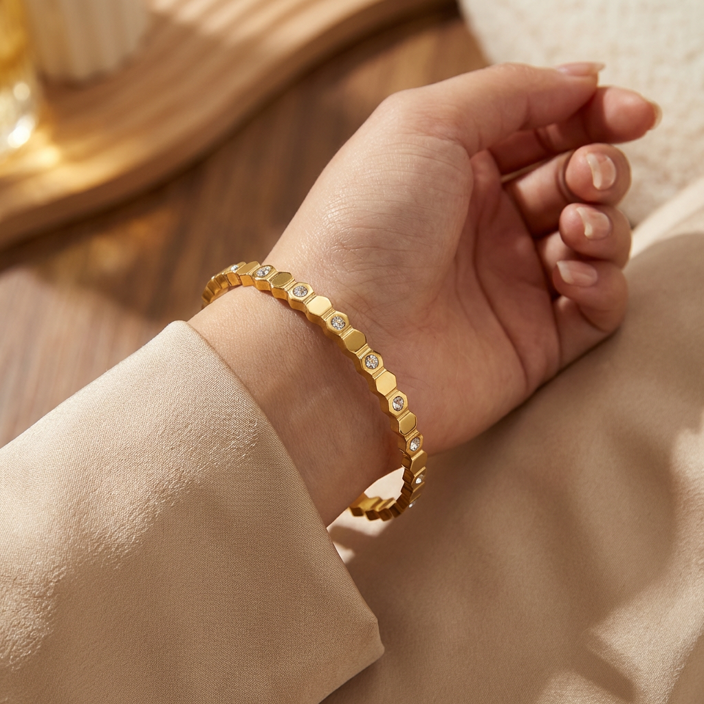 Gold Hexagon Crystal Bangle Bracelet