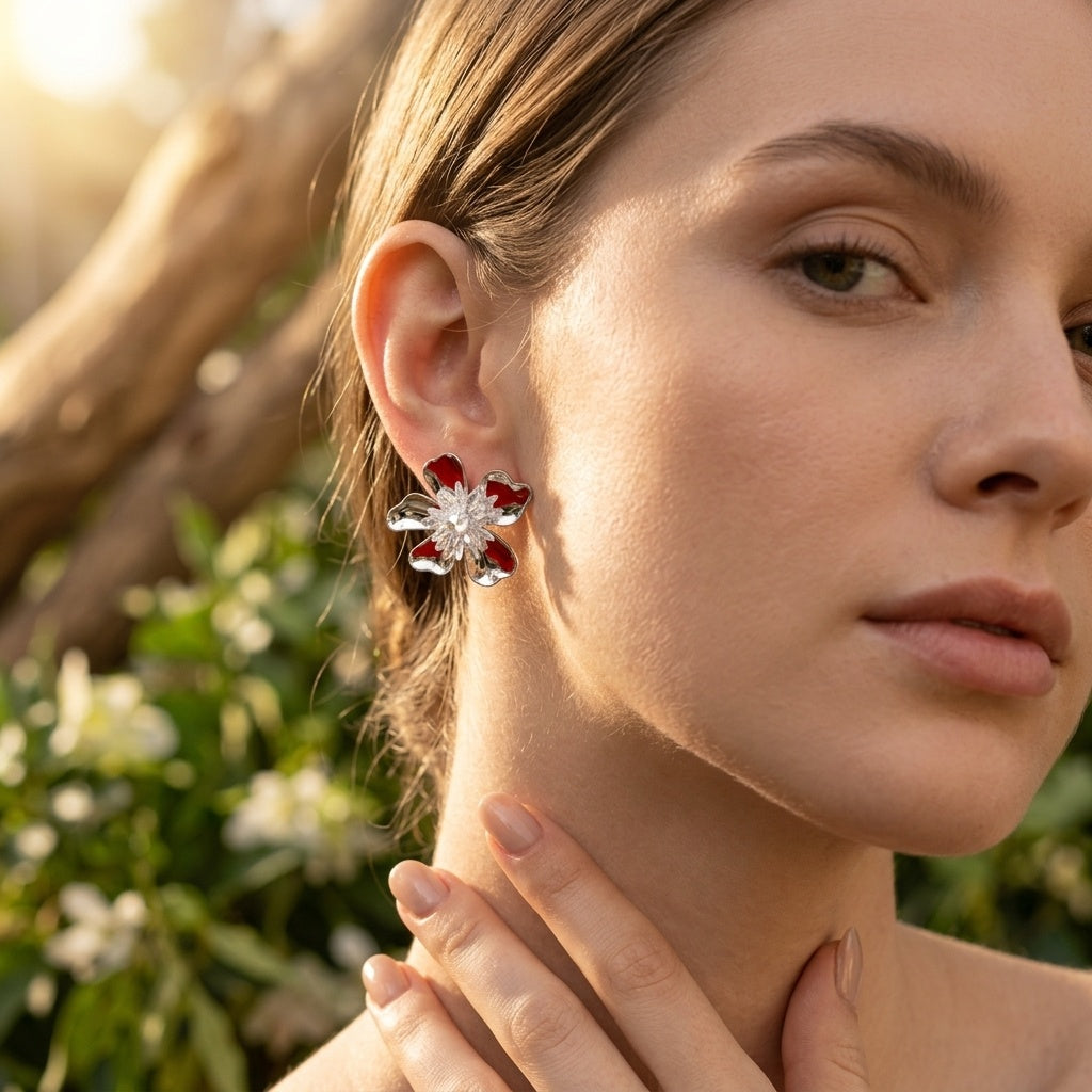 Model wearing Silver Flower Stud Earrings