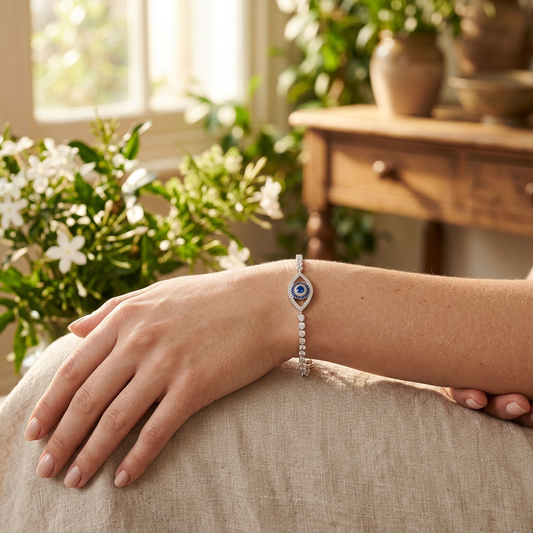 Model wearing Silver Crystal Eye Charm Bracelet