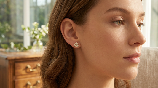 Model wearing Gold Triangular Stud Earrings