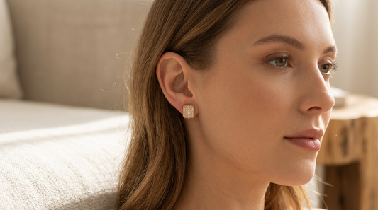 Model wearing Gold Grid Stud Earrings