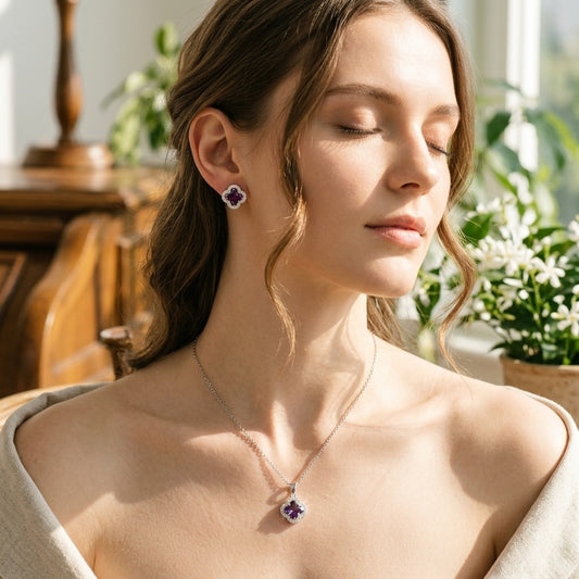 Amethyst Clover Pendant Necklace & Earrings Set - model scene