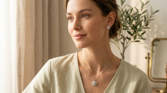 Floral Cubic Zirconia Pendant Necklace & Stud Earrings Set - model scene