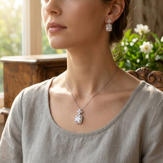Cushion-Cut Flower Cluster Pendant Necklace & Earrings Set - model scene