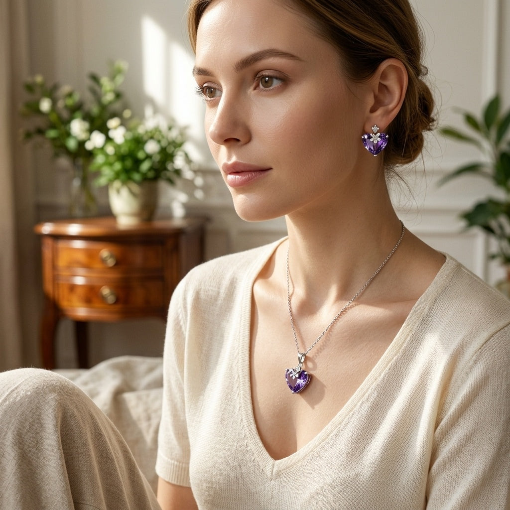Heart-Shaped Purple Gemstone Flower Pendant & Earrings Set - model scene