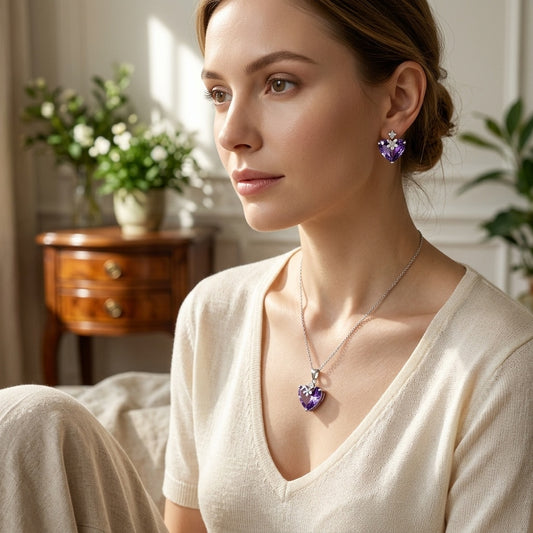 Heart-Shaped Purple Gemstone Flower Pendant & Earrings Set - model scene