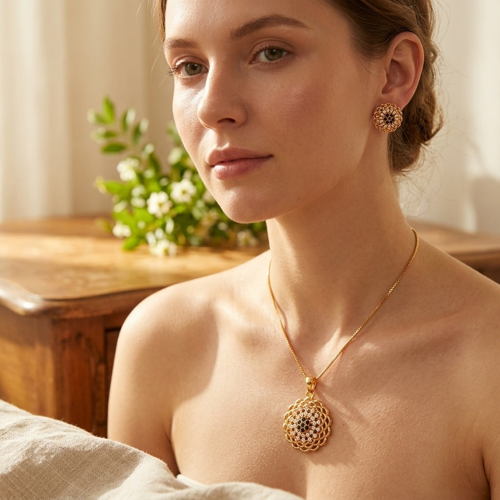 Silver Floral Lace Pendant & Earrings Set - model scene