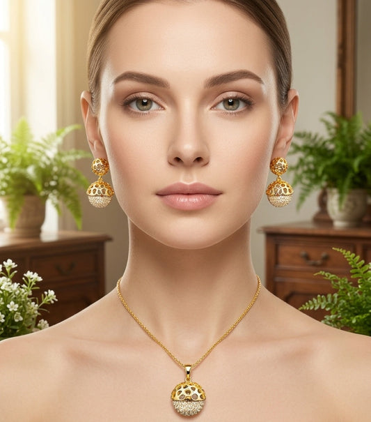 Gold Sphere Filigree Pendant Earring Set
