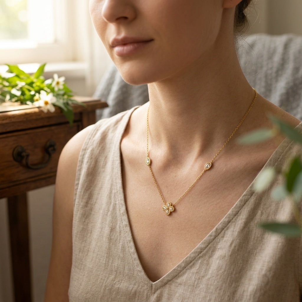 Model wearing Gold Floral Pendant Necklace