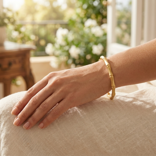 Gold Bamboo Bangle Bracelet - model lifestyle shot