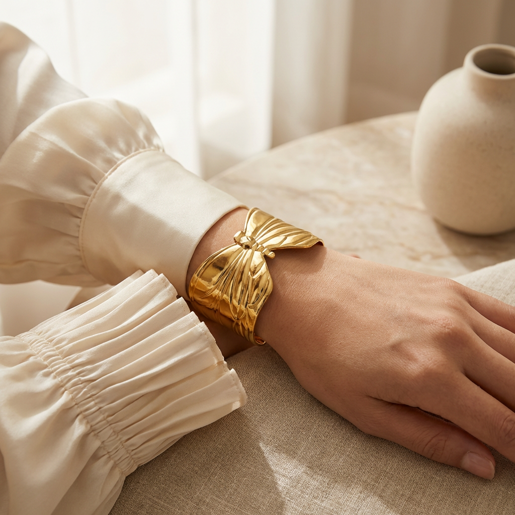 Gold-Plated Butterfly Bow Wide Cuff Bracelet - Model Shot