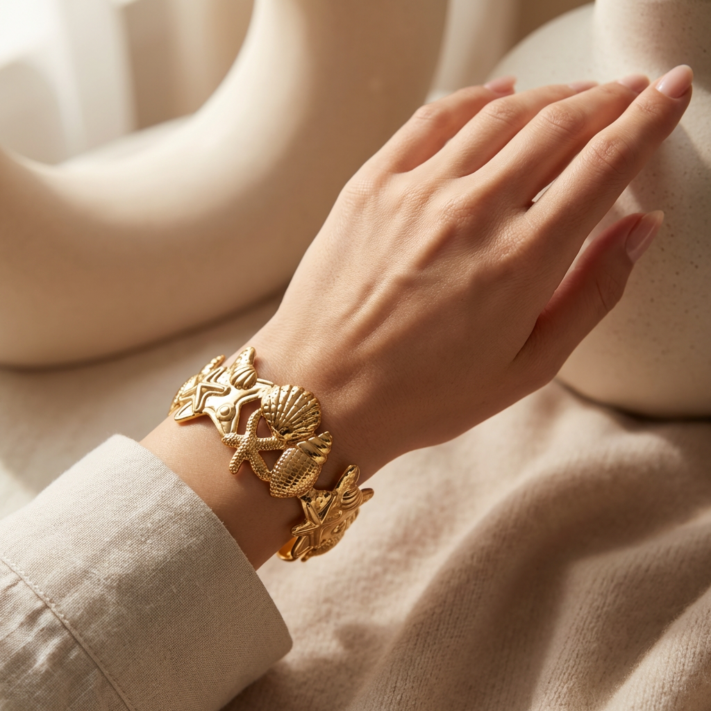 Gold-Plated Ocean Medley Cuff Bracelet - Model Shot
