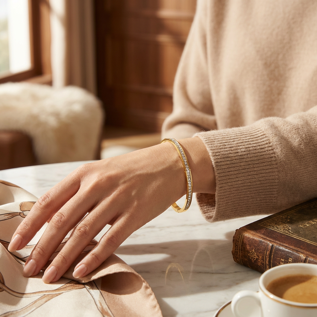 Gold Crystal Bangle Bracelet - model lifestyle shot