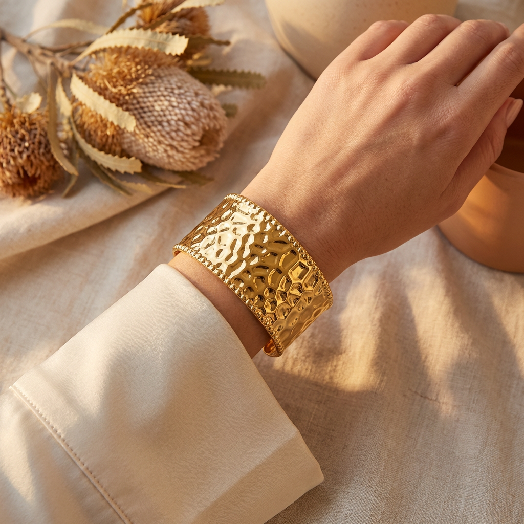 Gold Hammered Texture Cuff Bracelet - model lifestyle shot
