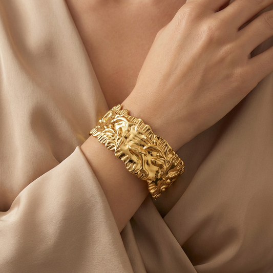 Gold-Plated Lion & Leaf Cuff Bracelet - Model Shot
