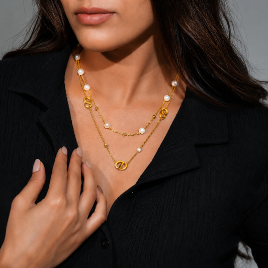Double layered Gold And Pearl Necklace