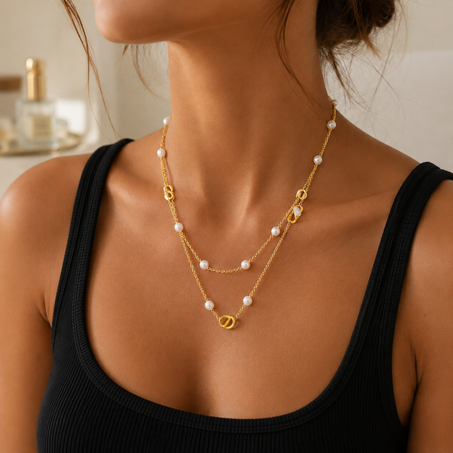 Double layered Gold And Pearl Necklace