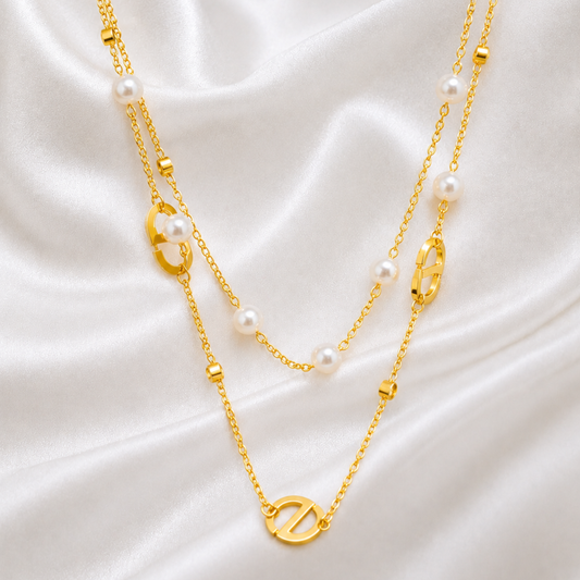 Double layered Gold And Pearl Necklace