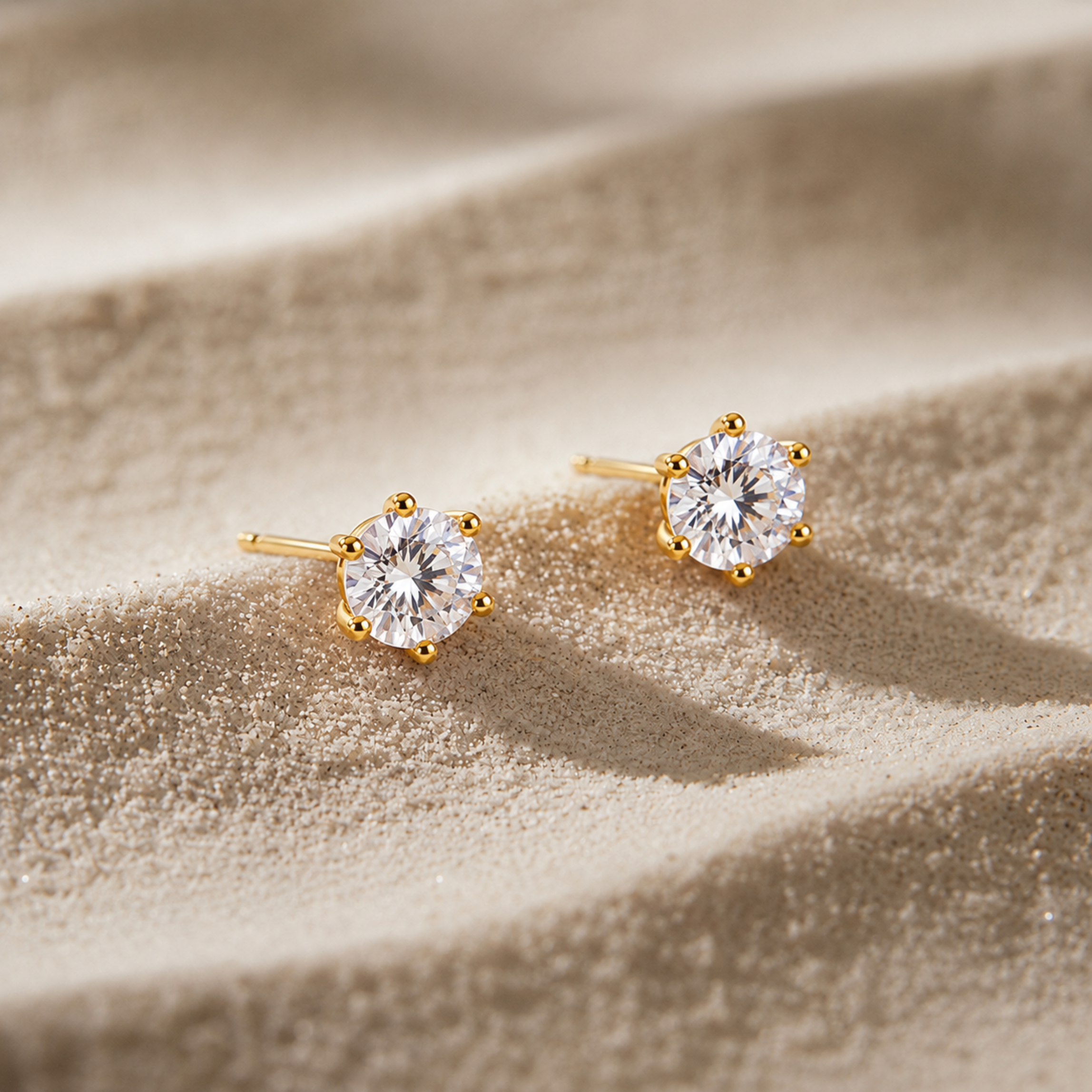 Round CZ Solitaire Gold Stud Earrings