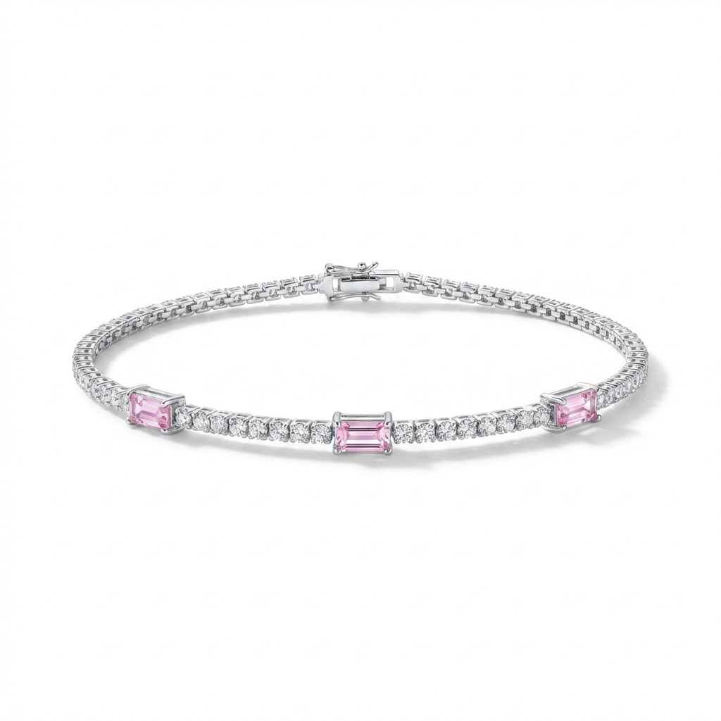 Silver Pink Baguette Tennis Bracelet