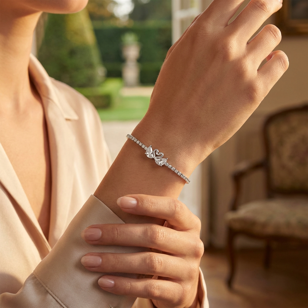 Silver Twin Swan Crystal Bracelet