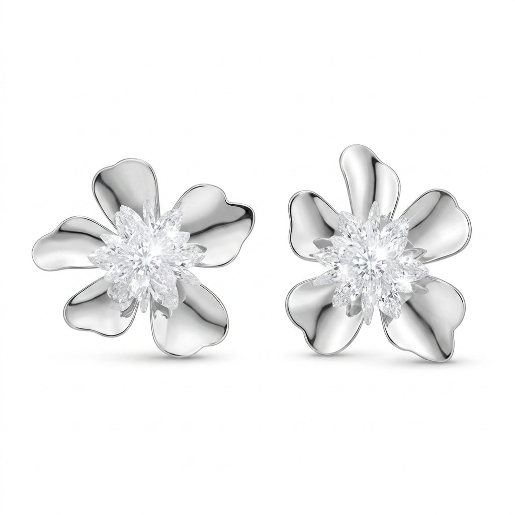 Silver Flower Stud Earrings on white background