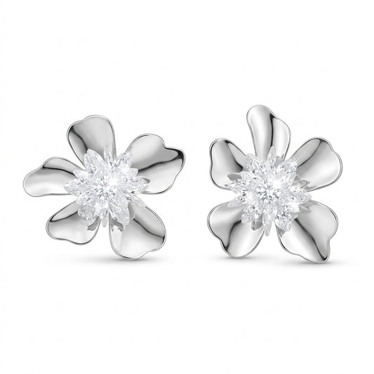 Silver Flower Stud Earrings on white background