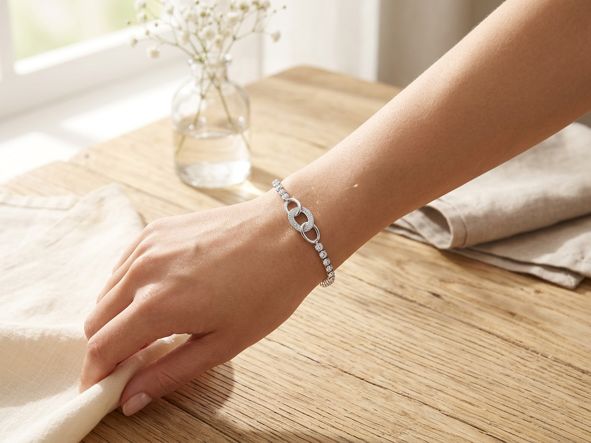 Model wearing Silver Twin Swan Crystal Bracelet