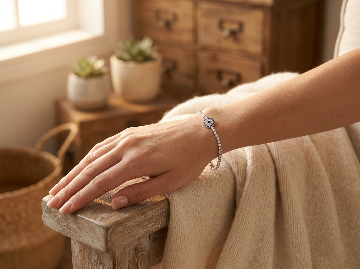 Model wearing Silver Evil Eye Crystal Bracelet