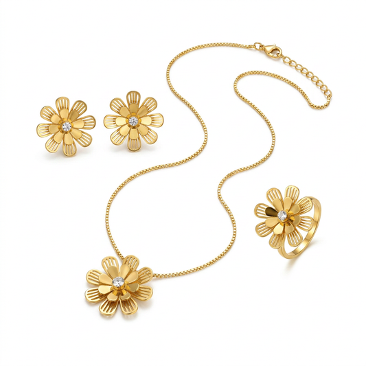 Gold Flower Jewellery Set - White Background