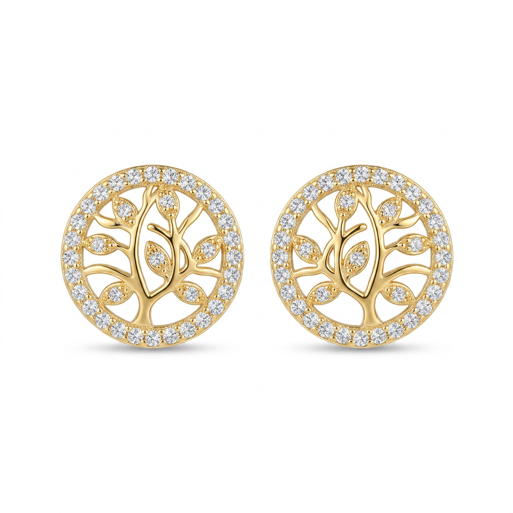 Gold Tree Motif Stud Earrings - White Background