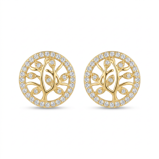 Gold Tree Motif Stud Earrings - White Background