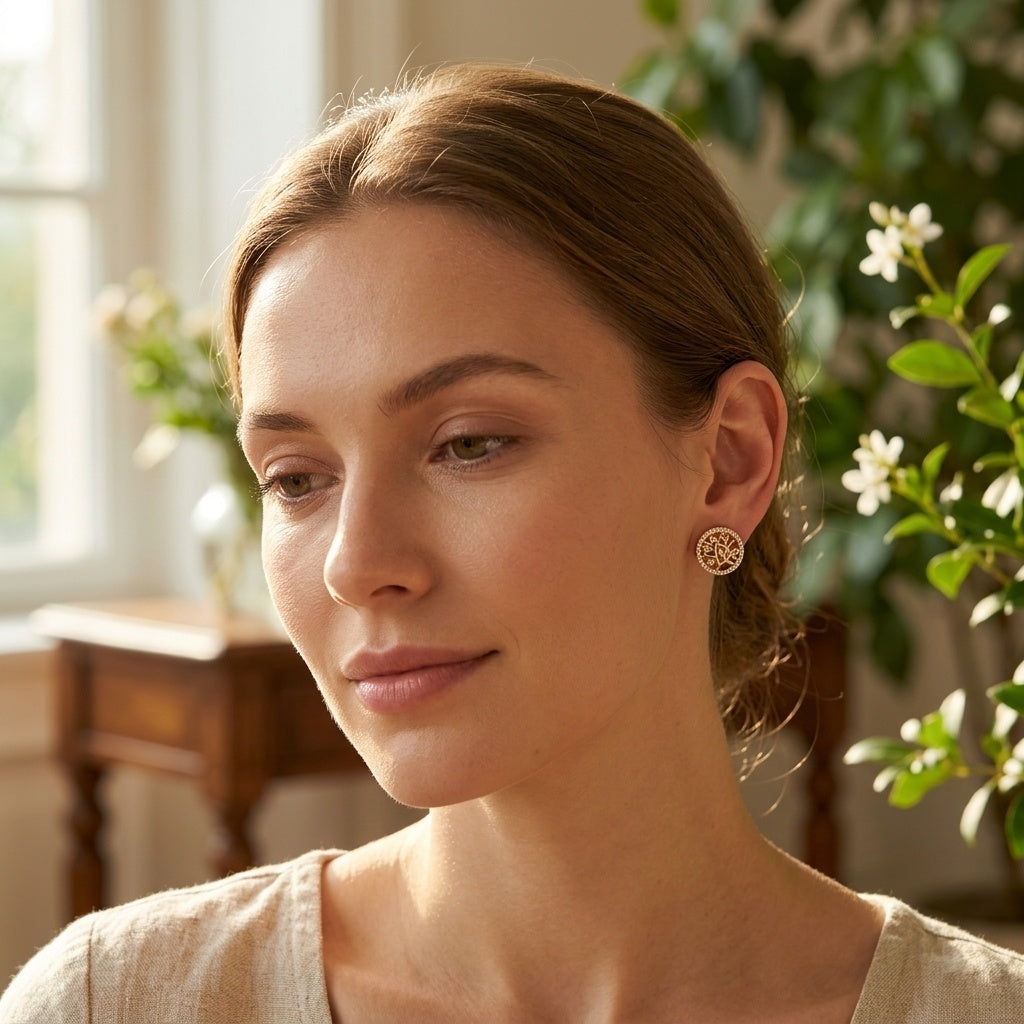 Model wearing Gold Tree Motif Stud Earrings