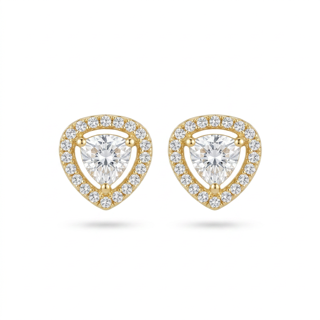 Gold Diamond Halo Stud Earrings - White Background