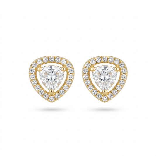 Gold Diamond Halo Stud Earrings - White Background