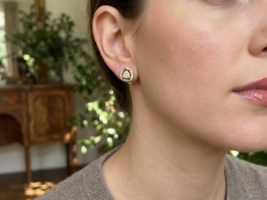 Model wearing Gold Diamond Halo Stud Earrings