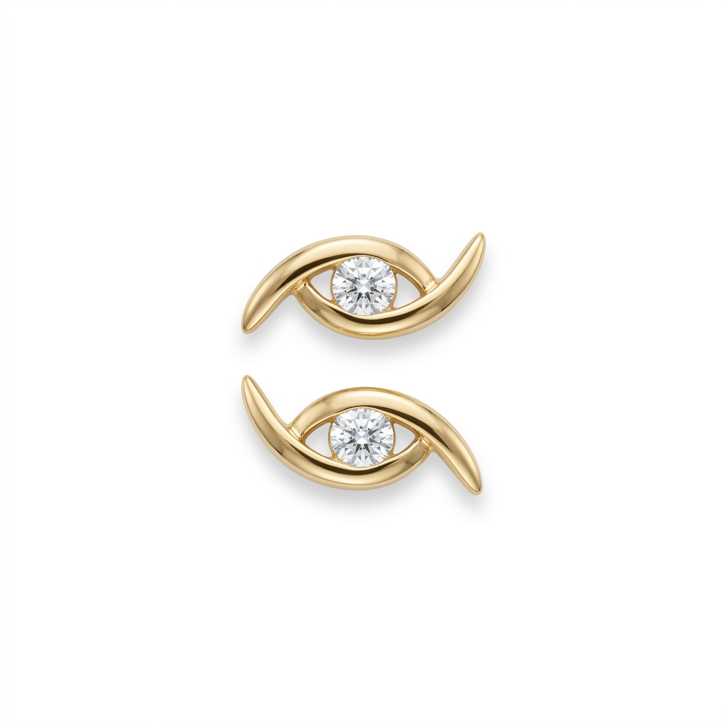 Gold Eye Motif Stud Earrings - White Background