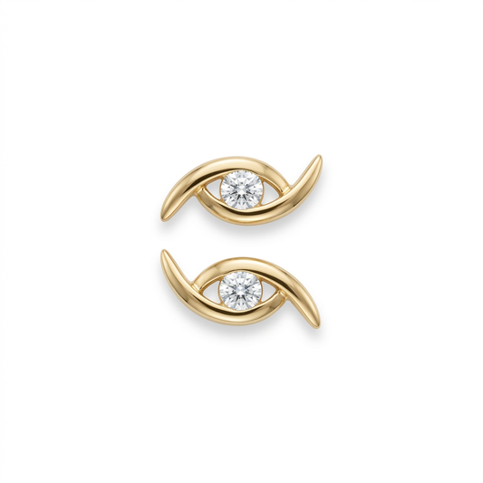 Gold Eye Motif Stud Earrings - White Background