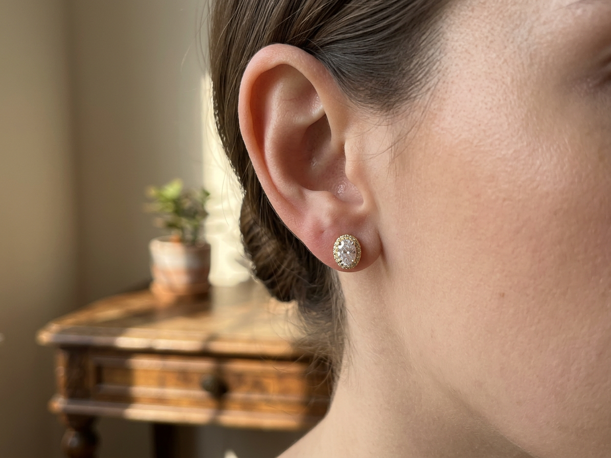 Model wearing Gold Oval Halo Stud Earrings