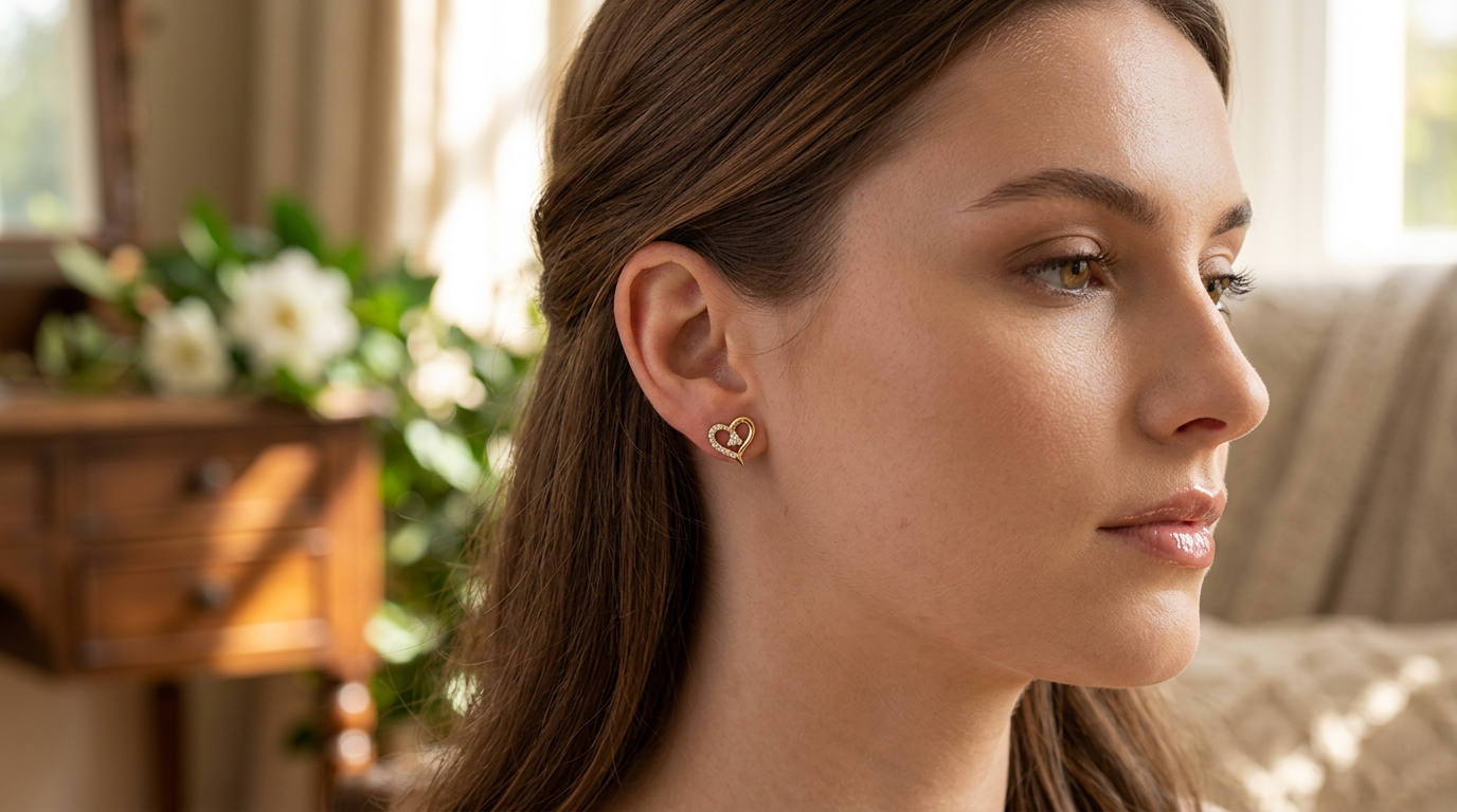 Model wearing Gold Heart Outline Stud Earrings