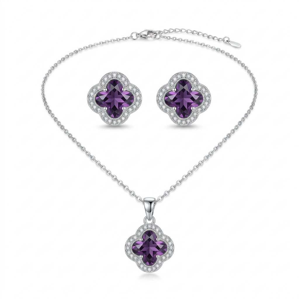 Amethyst Clover Pendant Necklace & Earrings Set - white background