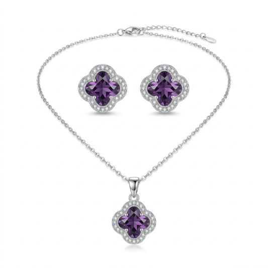 Amethyst Clover Pendant Necklace & Earrings Set - white background