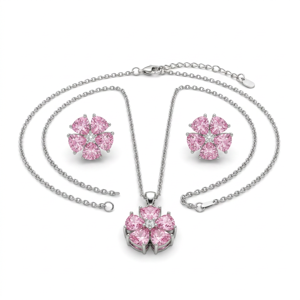 Pink Floral Teardrop Pendant Necklace & Earrings Set - white background