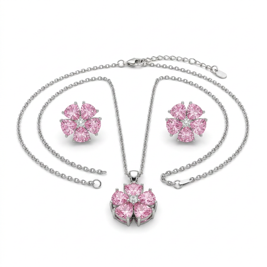 Pink Floral Teardrop Pendant Necklace & Earrings Set - white background