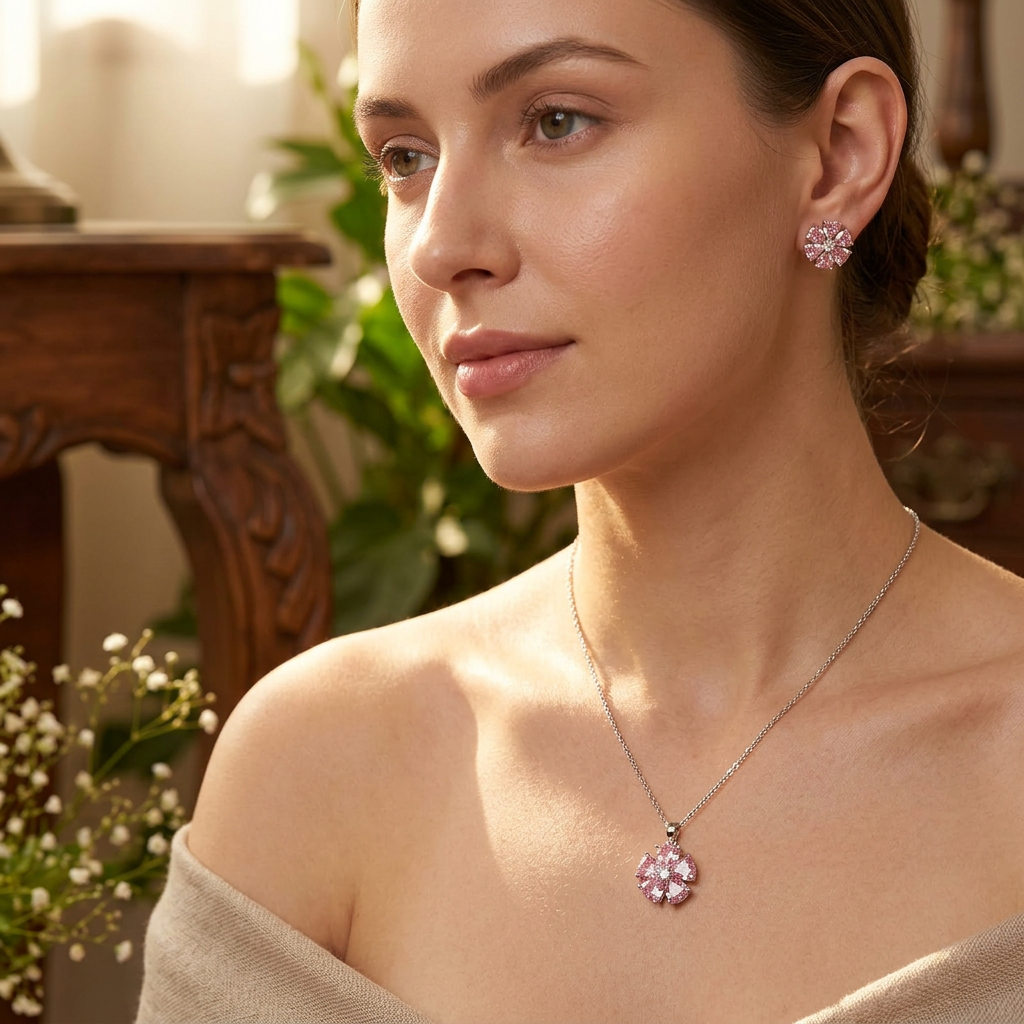 Pink Floral Teardrop Pendant Necklace & Earrings Set - model scene