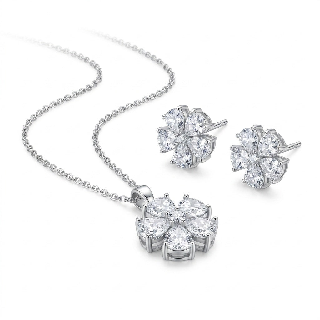 Clear Floral Teardrop Pendant Necklace & Earrings Set - white background