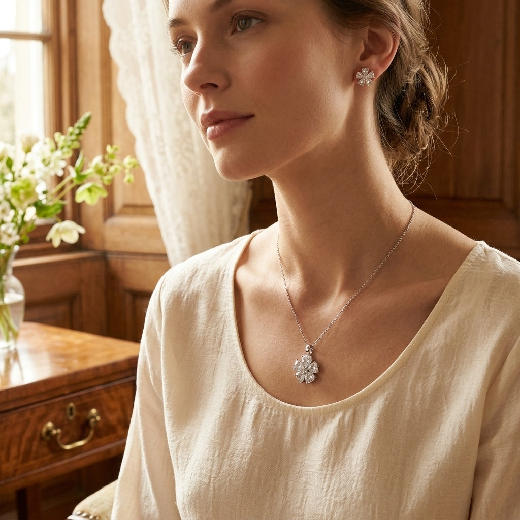 Clear Floral Teardrop Pendant Necklace & Earrings Set - model scene