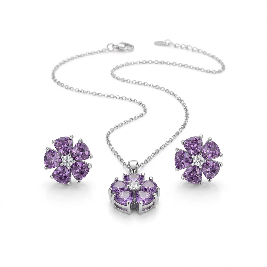 Purple Floral Teardrop Pendant Necklace & Earrings Set - white background