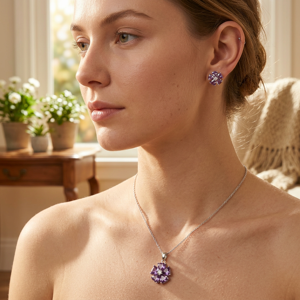 Purple Floral Teardrop Pendant Necklace & Earrings Set - model scene